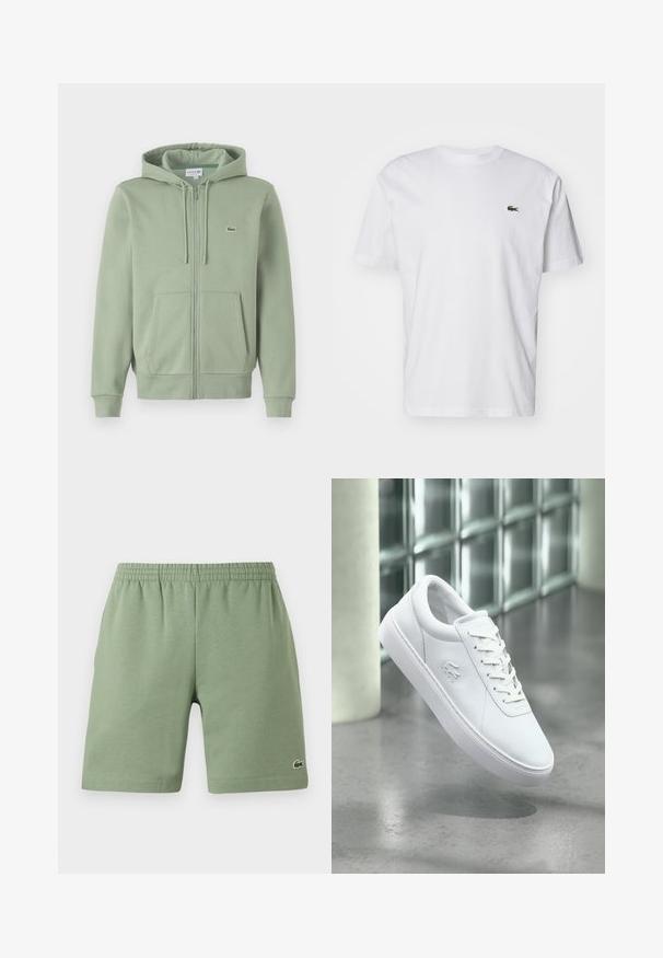 Heledad roheline kapuutsiga jack, mis on valmistatud pehmest kangast. Sisaldab reguleeritavat kapuutsi, kenguru taskuid ja väikest logo rinnal.; Valge puuvillane T-särk, millel on ümmargune kaelus, lühikesed varrukad ja rinnal väike roheline tikandlogoga. Klassikaline sirge lõige.; Roheline puuvillane lühike püksid elastse vöökohtaga, mugav lõige ja väike broderi logo alumisel vasakul poolel. Sile tekstuur, taskuteta.; Valge madala säärega toss, millel on paeladega disain ja reljeefne krokodillilogoga, paigutatud halli läikiva põranda kohale, taustal klaasplokksein.