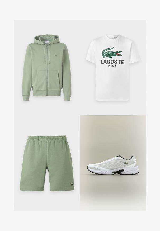 Lichtgroene rits hoodie gemaakt van zachte stof. Bevat een capuchon met trekkoord, marsupiao pockets en een klein logo op de borst.; Lacoste T-shirt print - white; Groene katoenen shorts met een elastische tailleband, ontspannen pasvorm en een klein geborduurd logo aan de onderkant aan de linkerzijde. Gladde textuur, geen zakken.; Witte sportieve schoen met een textuur van gaas bovenwerk, gebogen ontwerp en contrasterende zwarte zool. Heeft een groen geborduurd logo aan de zijkant.