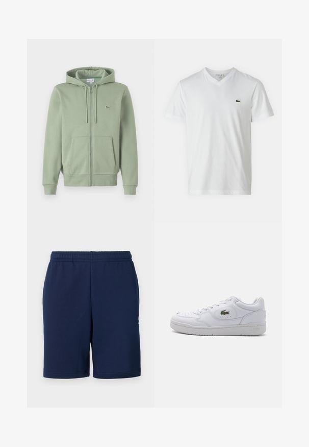 Lys grøn zip-up hoodie lavet af blødt stof. Har en hætte med snoretræk, kenguruposer og et lille logo på brystet.; Hvid bomulds T-shirt med V-hals, korte ærmer og et lille grønt krokodillelogo på venstre bryst. Simpelt og let design.; Mørkeblå shorts lavet af blødt materiale, med elastisk talje og sidelommer. Minimalistisk design uden synlige mønstre.; Hvide lædersneakers med perforeret tå og et grønt krokodillelogo på ydersiden. Har flad sål og snørebåndsdesign.