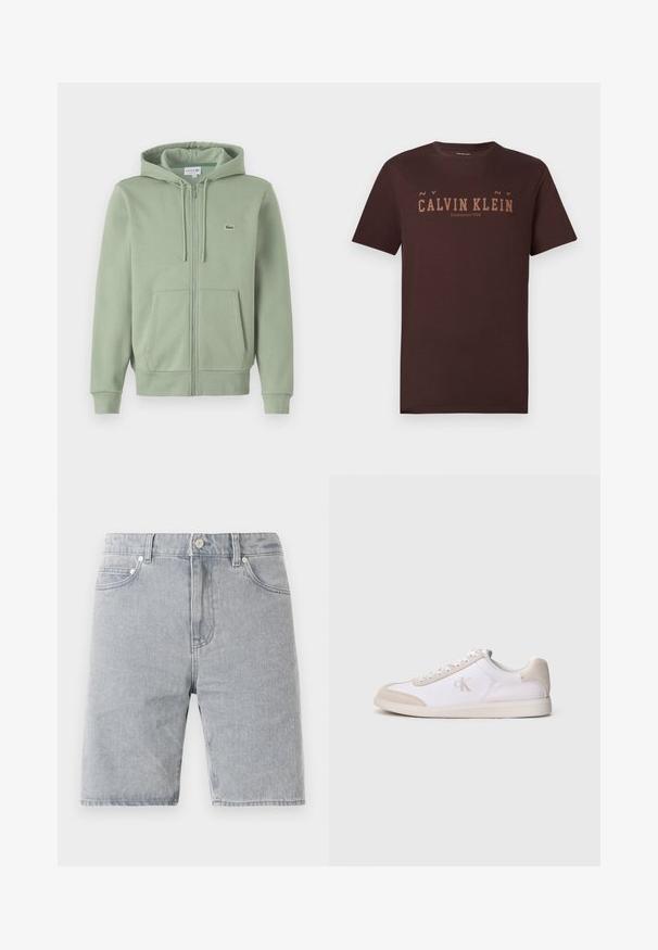 Hellgrünes Reißverschluss-Hoodie aus weichem Material. Verfügt über eine Kordelzugkapuze, Kängurutaschen und ein kleines Logo auf der Brust.; Dunkelbraunes Baumwoll-T-Shirt mit "CALVIN KLEIN"-Logo in hellerem Braun. Kurze Ärmel, Rundhalsausschnitt und gerader Saum. Schlichtes Design.; Helle graue Denim-Shorts mit geradem Schnitt, fünf Taschen, Knopfverschluss und kontrastierenden Nähdetails.; Weißer und beiger Sneaker mit niedriger Schnittform, Schnürverschluss, Wildlederakzenten und „cK“-Logo an der Seite, im Profil vor einfarbigem Hintergrund gezeigt.