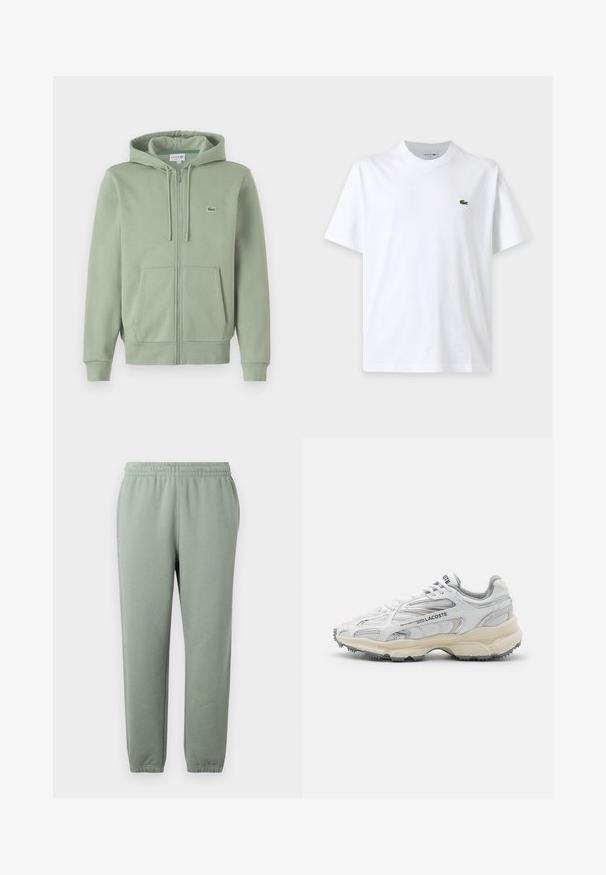 Haut à capuche zippé vert clair en tissu doux. Comprend une capuche avec cordon de serrage, des poches kangourou et un petit logo sur la poitrine.; T-shirt blanc uni à manches courtes avec col rond et petit logo crocodile vert sur la poitrine gauche.; Pantalons de survêtement vert clair avec une taille élastique, des jambes effilées et des ourlets de cheville côtelés. Fabriqués en tissu doux et léger.; Baskets de sport blanches avec des accents gris, tige en maille et synthétique, design à lacets et semelle en caoutchouc texturée avec motifs de traction.
