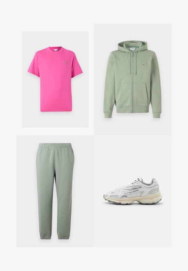 Hellgrünes Reißverschluss-Hoodie aus weichem Material. Verfügt über eine Kordelzugkapuze, Kängurutaschen und ein kleines Logo auf der Brust.; Kurzärmliges T-Shirt aus leuchtend pinkem Baumwollstoff, mit Rundhalsausschnitt und einem kleinen grünen Krokodil-Logo auf der linken Brust.; Hellgrüne Sweatpants mit elastischem Bund, schmal zulaufenden Beinen und umgenähten Knöcheln. Hergestellt aus weichem, leichtem Stoff.; Weiße Sportschuhe mit grauen Akzenten, Obermaterial aus Mesh und Synthetik, Schnürdesign und rutschfester Gummisohle mit Strukturmustern.