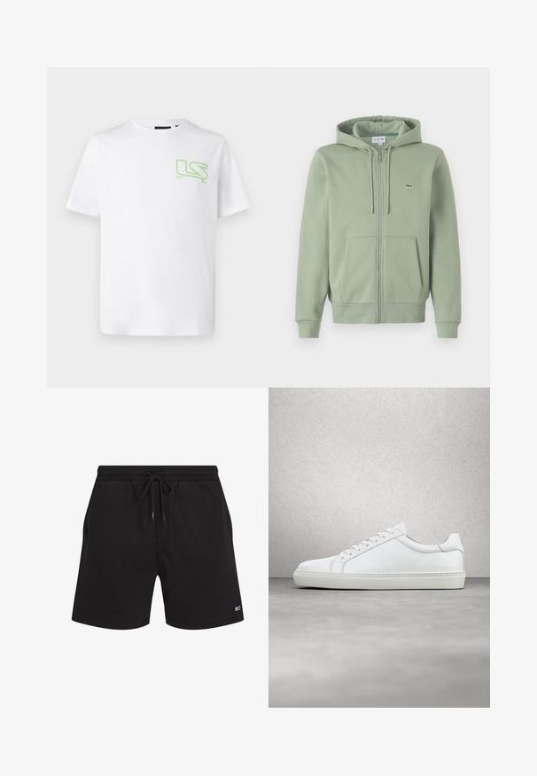 Hellgrünes Reißverschluss-Hoodie aus weichem Material. Verfügt über eine Kordelzugkapuze, Kängurutaschen und ein kleines Logo auf der Brust.; Weißes Baumwoll-T-Shirt mit einem kleinen grünen "LS"-Logo auf der linken Brustseite. Klassischer Rundhalsausschnitt und kurze Ärmel.; Schwarze Freizeithosen mit elastischem Bund und Kordelzug, mit einem kleinen rechteckigen Logo am unteren linken Bein.; Weißer Sneaker mit glattem Lederobermaterial und niedrigem Profil. Verfügt über eine runde Zehenpartie, sechs Ösen und eine strukturierte Gummisohle.