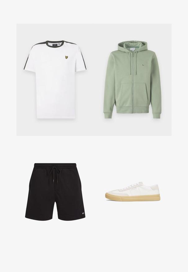Hellgrünes Reißverschluss-Hoodie aus weichem Material. Verfügt über eine Kordelzugkapuze, Kängurutaschen und ein kleines Logo auf der Brust.; Weißes Baumwoll-T-Shirt mit Rundhalsausschnitt, schwarzen Schulterakzenten und einem kleinen gelben Logo auf der linken Brust. Kurze Ärmel.; Schwarze Freizeithosen mit elastischem Bund und Kordelzug, mit einem kleinen rechteckigen Logo am unteren linken Bein.; Weiße Sneaker aus Leder und Wildleder, mit einem Schnürdesign, einer hellbraunen Gummisohle und einem kleinen Logo an der Seite.