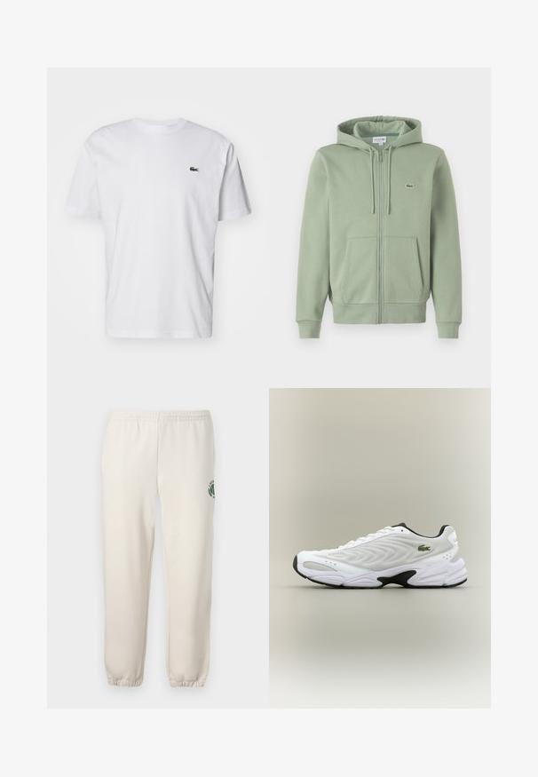 Hellgrünes Reißverschluss-Hoodie aus weichem Material. Verfügt über eine Kordelzugkapuze, Kängurutaschen und ein kleines Logo auf der Brust.; Weißes Baumwoll-T-Shirt mit Rundhalsausschnitt, kurzen Ärmeln und einem kleinen grünen gestickten Logo auf der Brust. Klassisches, gerades Schnittdesign.; Helle beige Sweatpants aus Baumwolle mit einem elastischen Bund, gerippten Bündchen und einem grünen Logo mit Blattdesign am linken Bein.; Weißer Sportschuh mit strukturiertem Mesh-Obermaterial, geschwungenem Design und kontrastierender schwarzer Laufsohle. Mit grünem gesticktem Logo an der Seite.