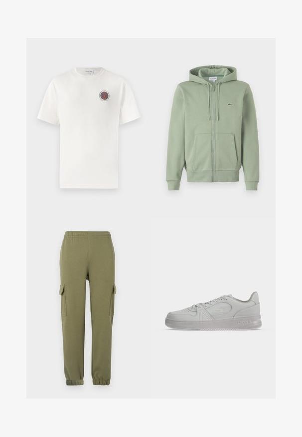 Hellgrünes Reißverschluss-Hoodie aus weichem Material. Verfügt über eine Kordelzugkapuze, Kängurutaschen und ein kleines Logo auf der Brust.; Weißes Baumwoll-T-Shirt mit kurzen Ärmeln, ausgestattet mit einem kreisförmigen blauen und orangefarbenen "Tennis Heritage"-Logo auf der linken Brust.; Cargo-Hosen aus leichtem, olivgrünem Stoff mit Seitentaschen, elastischem Bund und schmal zulaufenden Bündchen für eine bequeme Passform.; Weißer, flacher Lacoste-Sneaker mit Schnürsenkeln, geprägtem Logo an der Seite und strukturierter Sohle auf einfachem Hintergrund.