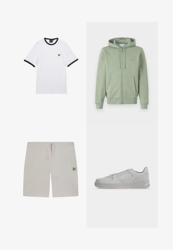 Haut à capuche zippé vert clair en tissu doux. Comprend une capuche avec cordon de serrage, des poches kangourou et un petit logo sur la poitrine.; T-shirt en coton blanc avec col et bordures des manches côtelés bleu marine. Présente un petit logo jaune brodé sur la poitrine.; Shorts en coton gris clair avec une taille élastique et un cordon de serrage. Présente un petit logo jaune sur le côté gauche. Texture lisse.; Baskets basses blanches Lacoste avec lacets, logo embossé sur le côté et semelle texturée sur fond uni.