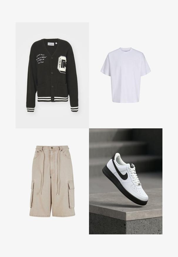 Cárdigan negro con escote en V, frente abotonado, dos bolsillos, acentos blancos y detalles de logo bordado en el pecho y la manga. Material de lana.; Camiseta blanca lisa de manga corta, de gran tamaño, con cuello redondo y corte holgado sobre un fondo blanco.; Pantalones cortos cargo beige de algodón con cintura con cordón, dos bolsillos laterales y un bolsillo lateral adicional, que presentan detalles de costura visibles.; Zapatilla deportiva de cuero blanco con detalles en negro, punta redondeada y detalles perforados. Suela de goma negra con patrón texturizado y cierre de cordones.