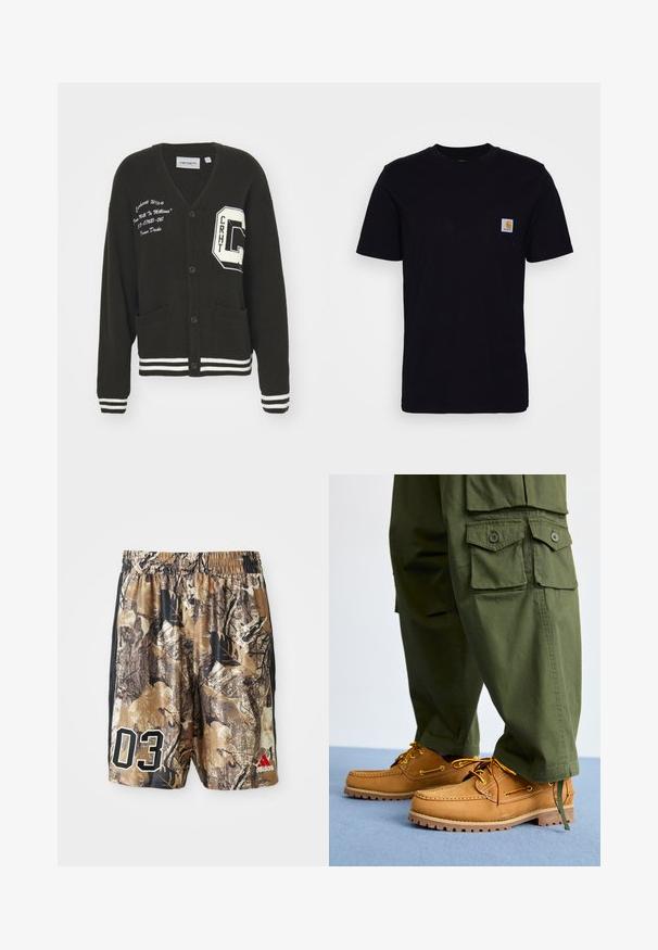Cárdigan negro con escote en V, frente abotonado, dos bolsillos, acentos blancos y detalles de logo bordado en el pecho y la manga. Material de lana.; Camiseta de algodón negra con mangas cortas, cuello redondo y un bolsillo en el pecho que presenta un pequeño parche de logo cuadrado. Diseño simple y sólido.; Shorts de camuflaje con una cinturilla elástica, que presentan una mezcla de marrones y negros, un gran "03" en blanco y un logo de Adidas en rojo.; Timberland AUTHENTIC 3 EYE - Náuticos - wheat
