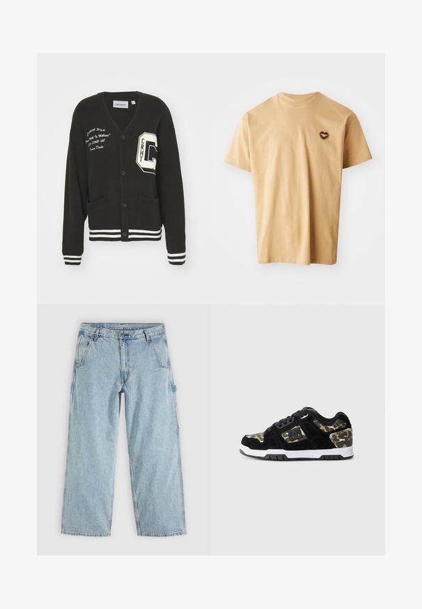 Cárdigan negro con escote en V, frente abotonado, dos bolsillos, acentos blancos y detalles de logo bordado en el pecho y la manga. Material de lana.; Camiseta de algodón beige con mangas cortas, cuello redondo y un pequeño logo de corazón marrón en el lado izquierdo del pecho. Textura suave, diseño casual.; Vaqueros de mezclilla azul claro con pierna recta, bolsillos delanteros, trabillas para cinturón, cierre de botones y un lazo lateral para herramientas.; Zapatilla de ante negra con patrón de camuflaje en el lateral, media suela blanca y suela exterior de goma negra. Presenta cordones y detalle del logo en el lateral.