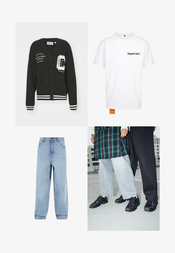 Cárdigan negro con escote en V, frente abotonado, dos bolsillos, acentos blancos y detalles de logo bordado en el pecho y la manga. Material de lana.; Camiseta de algodón blanca con un logo negro en el lado izquierdo del pecho y una etiqueta naranja en la parte inferior. Mangas cortas y un cuello redondo clásico.; Jeans de denim azul claro con ajuste holgado, cintura alta y cinco bolsillos. Presenta presillas para el cinturón y un cierre de botón. Textura suave.; Zapatillas deportivas negras con acentos de malla y goma. Combinadas con jeans de pierna ancha de color gris claro y una blusa de cuadros verdes. Fondo de superficie plana.