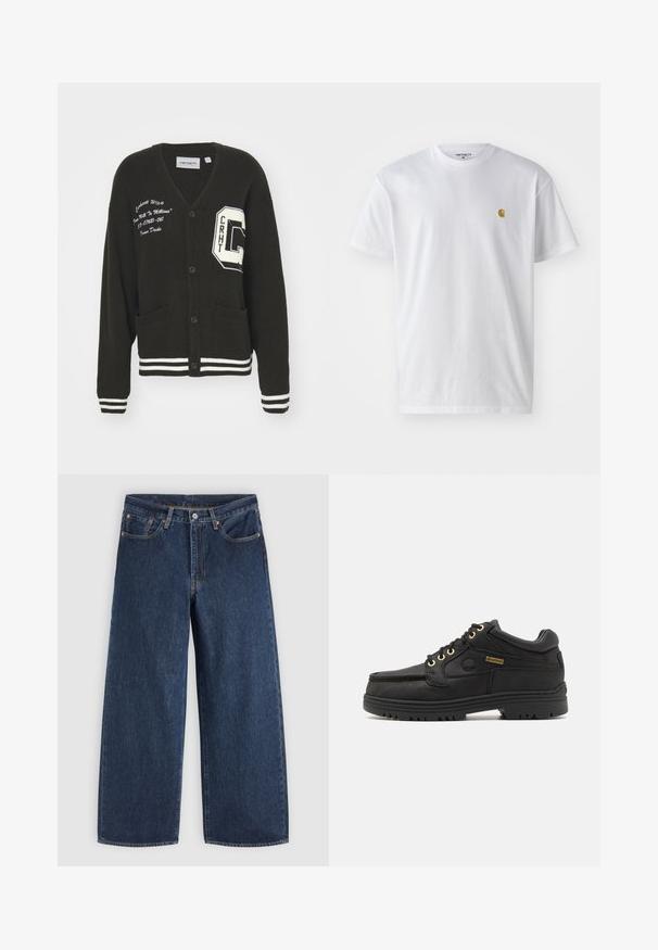 Cárdigan negro con escote en V, frente abotonado, dos bolsillos, acentos blancos y detalles de logo bordado en el pecho y la manga. Material de lana.; Camiseta de algodón blanca con mangas cortas, cuello redondo, que presenta un pequeño logo dorado en la parte izquierda del pecho. Textura suave y corte regular.; Vaqueros vaqueros azul oscuro de pierna ancha con bolsillos delanteros, cierre de botones y trabillas para cinturón, extendidos sobre un fondo claro.; Zapato de cuero negro con cordones, cuello acolchado, suela gruesa, ojales dorados y etiqueta Gore-Tex en el lateral.
