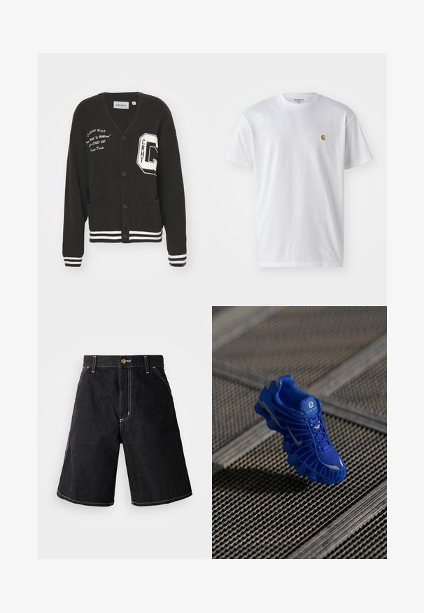 Cárdigan negro con escote en V, frente abotonado, dos bolsillos, acentos blancos y detalles de logo bordado en el pecho y la manga. Material de lana.; Camiseta de algodón blanca con mangas cortas, cuello redondo, que presenta un pequeño logo dorado en la parte izquierda del pecho. Textura suave y corte regular.; Shorts de mezclilla negros con un corte holgado, cinco bolsillos y costuras blancas en contraste. Cierre de botón en la cintura.; Zapatilla deportiva azul con parte superior de malla, diseño texturizado y suela prominente que presenta elementos de amortiguación distintos y acentos reflectantes.