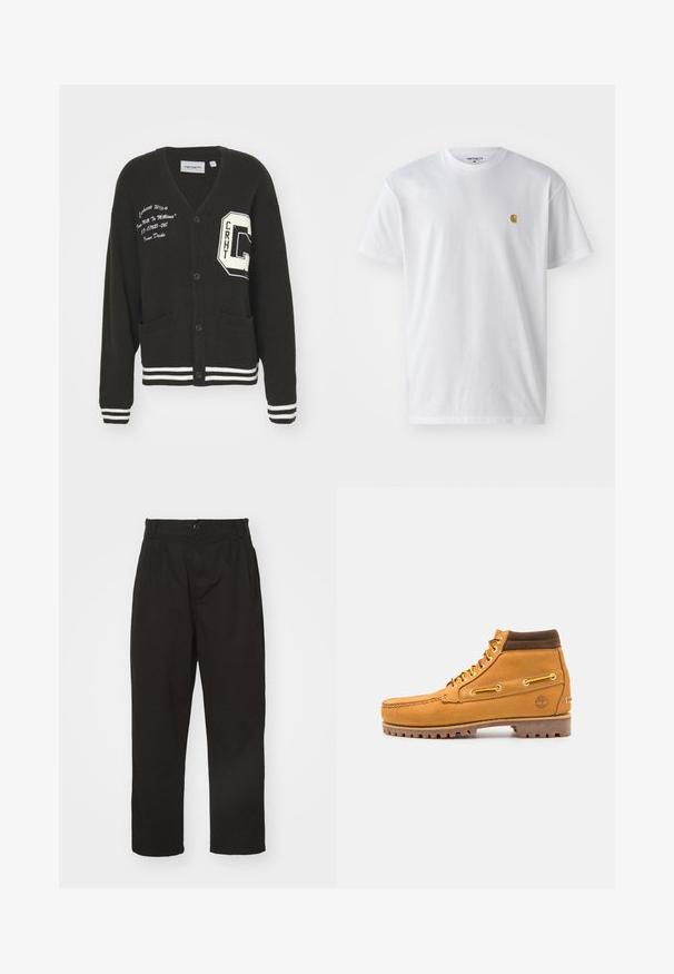 Cárdigan negro con escote en V, frente abotonado, dos bolsillos, acentos blancos y detalles de logo bordado en el pecho y la manga. Material de lana.; Camiseta de algodón blanca con mangas cortas, cuello redondo, que presenta un pequeño logo dorado en la parte izquierda del pecho. Textura suave y corte regular.; Pantalones negros de tela suave, con cierre de botón, corte recto y dos pliegues frontales que añaden detalle.; Timberland AUTHENTIC MID LACE BOOT - Botines con cordones - wheat