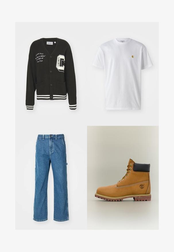 Cárdigan negro con escote en V, frente abotonado, dos bolsillos, acentos blancos y detalles de logo bordado en el pecho y la manga. Material de lana.; Camiseta de algodón blanca con mangas cortas, cuello redondo, que presenta un pequeño logo dorado en la parte izquierda del pecho. Textura suave y corte regular.; Pantalones cargo de mezclilla azul con un corte relajado, que cuentan con bolsillos laterales, cremallera en la bragueta y costuras de contraste en las costuras.; Bota de tobillo de cuero marrón con cuello negro, cordones amarillos y suela beige. Presenta un logotipo y detalles de costura blanca. Suela exterior con tracción robusta.