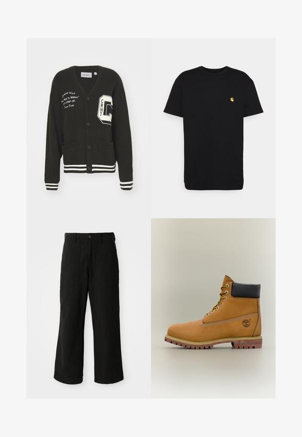 Cárdigan negro con escote en V, frente abotonado, dos bolsillos, acentos blancos y detalles de logo bordado en el pecho y la manga. Material de lana.; Camiseta de algodón negra con mangas cortas, cuello redondo y un pequeño logo amarillo en el área del pecho izquierdo. Diseño simple y ajuste regular.; Pantalones de pierna ancha en color negro, fabricados en un tejido suave, con bolsillos frontales y cierre de botón en la cintura. Diseño minimalista sin patrones visibles.; Bota de tobillo de cuero marrón con cuello negro, cordones amarillos y suela beige. Presenta un logotipo y detalles de costura blanca. Suela exterior con tracción robusta.