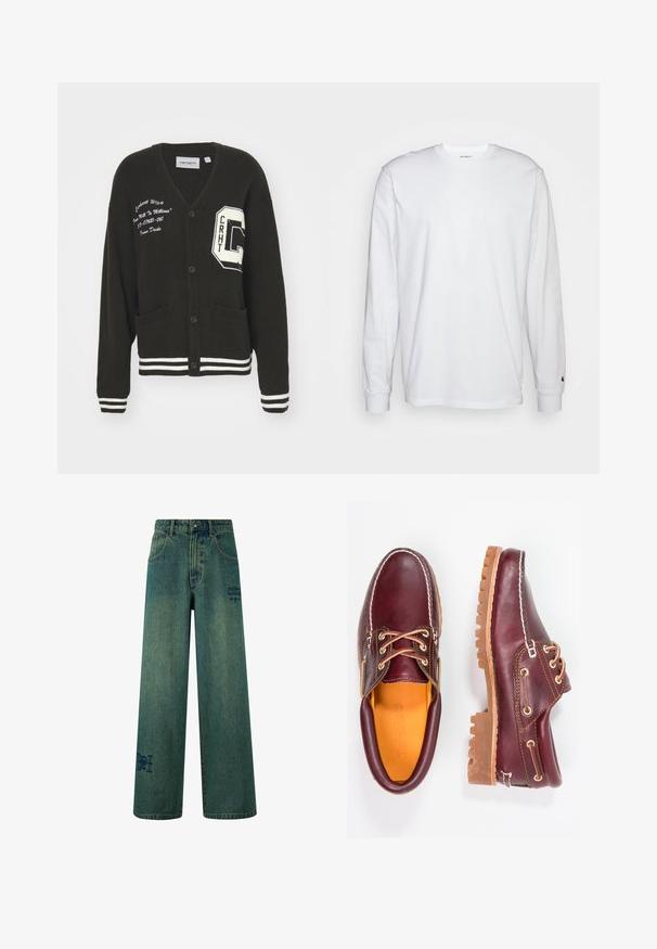 Cárdigan negro con escote en V, frente abotonado, dos bolsillos, acentos blancos y detalles de logo bordado en el pecho y la manga. Material de lana.; Camiseta blanca de manga larga hecha de algodón. Diseño de cuello redondo con puños acanalados y un pequeño logo en la manga izquierda. Textura suave.; Jeans de pierna ancha en denim azul oscuro con una sutil textura desgastada. Con bolsillos traseros y un detalle decorativo de logo.; Zapatos de cuero burdeos con suelas de goma marrón, puntera redonda, costuras blancas y ojales dorados. El interior cuenta con un forro amarillo.