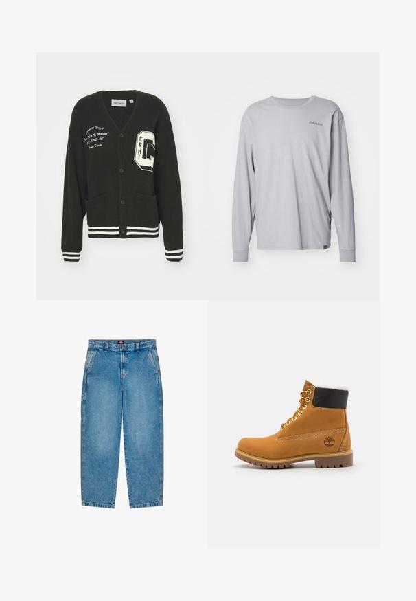 Cárdigan negro con escote en V, frente abotonado, dos bolsillos, acentos blancos y detalles de logo bordado en el pecho y la manga. Material de lana.; Dickies PLENTYWOOD TEE - Camiseta de manga larga - ultimate gray; Jeans de mezclilla azul claro con un diseño de pierna recta. Tiene bolsillos delanteros, una cremallera y costuras en contraste a lo largo de las costuras.; Botín de cuero marrón con ojales de metal, forro de piel sintética blanca, cuello acolchado negro, suela resistente y logotipo en relieve en el costado.