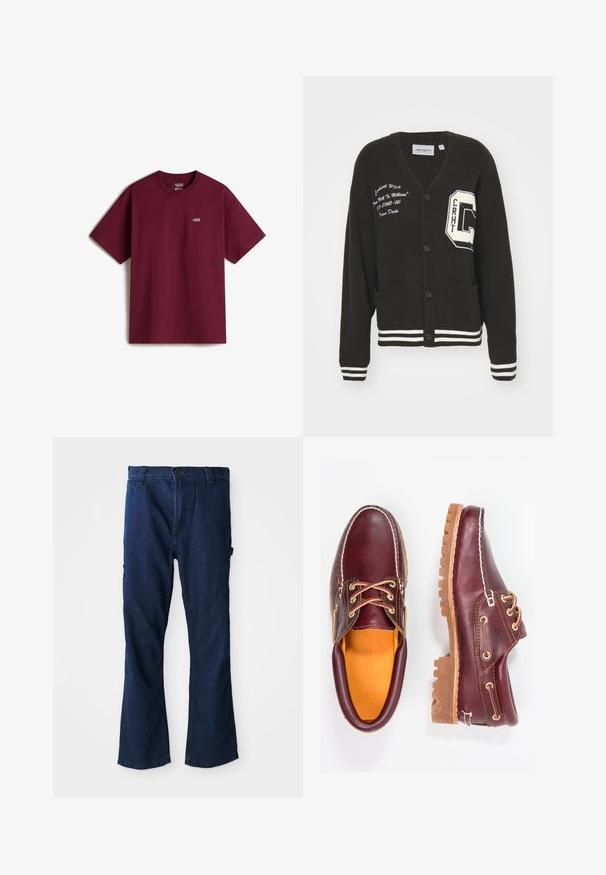 Cárdigan negro con escote en V, frente abotonado, dos bolsillos, acentos blancos y detalles de logo bordado en el pecho y la manga. Material de lana.; Camiseta de algodón marrón con mangas cortas, escote redondo y pequeño logo blanco de Vans en el pecho izquierdo. Textura suave, corte holgado.; Vaqueros de mezclilla azul con diseño de pierna recta, cierre de botón y dos bolsillos laterales, con un ligero desgaste en la textura.; Zapatos de cuero burdeos con suelas de goma marrón, puntera redonda, costuras blancas y ojales dorados. El interior cuenta con un forro amarillo.