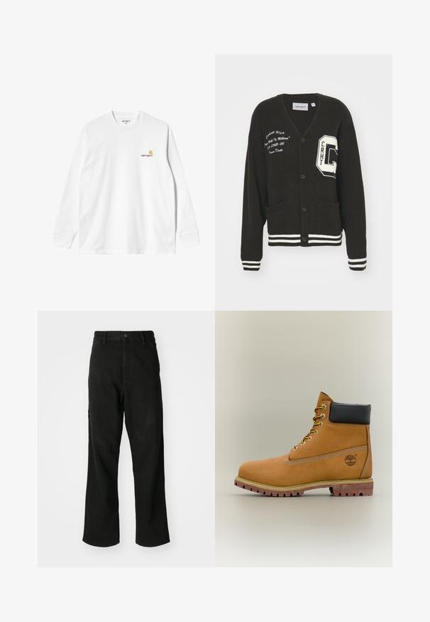 Cárdigan negro con escote en V, frente abotonado, dos bolsillos, acentos blancos y detalles de logo bordado en el pecho y la manga. Material de lana.; Camiseta blanca de algodón de manga larga con cuello redondo, que presenta un pequeño logo amarillo y burdeos en el lado izquierdo del pecho. Puños y dobladillo sin costuras.; Vaqueros negros de pierna recta con cierre de botón, pasadores para cinturón y bolsillos frontales sobre un fondo blanco liso.; Bota de tobillo de cuero marrón con cuello negro, cordones amarillos y suela beige. Presenta un logotipo y detalles de costura blanca. Suela exterior con tracción robusta.