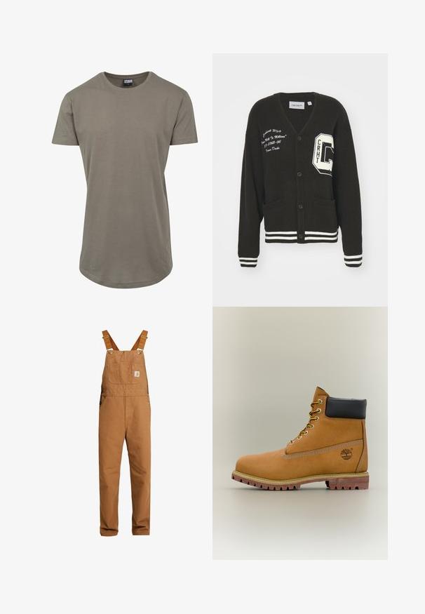 Cárdigan negro con escote en V, frente abotonado, dos bolsillos, acentos blancos y detalles de logo bordado en el pecho y la manga. Material de lana.; Camiseta verde oliva fabricada en algodón suave, con un escote redondeado y mangas cortas, y un dobladillo curvado más largo para un ajuste relajado.; Carhartt WIP BIB OVERALL DEARBORN CANVAS - Peto - hamilton brown rinsed; Bota de tobillo de cuero marrón con cuello negro, cordones amarillos y suela beige. Presenta un logotipo y detalles de costura blanca. Suela exterior con tracción robusta.