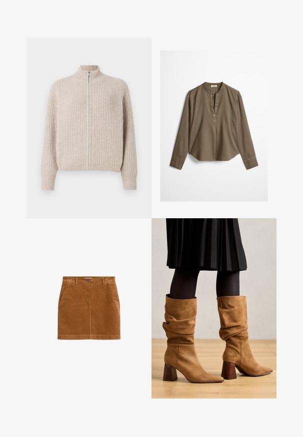 Beige zip-up sweater med ribbet tekstur, høj krave og lange ærmer. Har en sølvfarvet lynlås, hvilket giver et minimalistisk æstetik.; Brun langærmet casual bluse med mandarin-krave, frontplisse og let buet kant, lagt fladt på en hvid baggrund.; Brun kordfløjl skirt med lige snit, forlommer og en enkelt knaplukning i taljen. Glat tekstur med synlige sømdetaljer.; Brune ruskind slouchy ankelstøvler med spidse tæer og stablede træhæle. Båret med sorte strømpebukser og en plisseret sort nederdel.