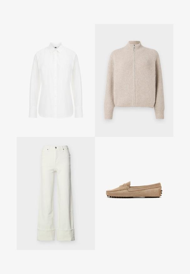 Beige zip-up sweater med ribbet tekstur, høj krave og lange ærmer. Har en sølvfarvet lynlås, hvilket giver et minimalistisk æstetik.; Hvid langærmet skjorte lavet af bomuld, med en klassisk krave, frontknapper og lige kant med let afrundede kanter.; Hvide jeans med vide ben, højtaljede, frontknap og lynlås, bæltestropper, lommer foran og bagpå samt opsmøgede kanter.; Beige ruskind herreloafer med syet tå, lav hæl og gummisål med nitter, set fra siden på hvid baggrund.