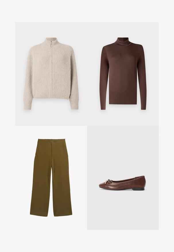 Beige zip-up sweater med ribbet tekstur, høj krave og lange ærmer. Har en sølvfarvet lynlås, hvilket giver et minimalistisk æstetik.; Brun langærmet turtleneck top lavet af et glat, strækbart materiale. Har en høj hals og en tætsiddende pasform, med en ren kant.; Bredde benbukser i olivengrønt stof, med en glat tekstur og ingen synlige lukninger. Designet til en afslappet pasform med rene linjer.; Brune læderballetsko med rund tå, lille sort hæl og en dekorativ sløjfe med guldaccenter foran. Glat tekstur.