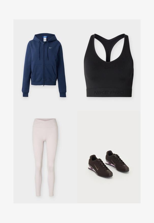 Sweat à capuche zippé bleu marine avec poches avant, capuche à cordon, poignets côtelés et petit logo blanc Nike sur la poitrine gauche.; Brassière de sport Nike Pro noire avec design dos nageur et bande élastique en bas, arborant un discret logo et marquage Nike.; Leggings beige clair taille haute sans coutures avec un détail de ceinture croisée, présentés à plat sur un fond blanc.; Baskets de sport noires avec une tige texturée, des accents marron et une semelle à coussin d'air violette. Design à lacets avec une marque bien visible.