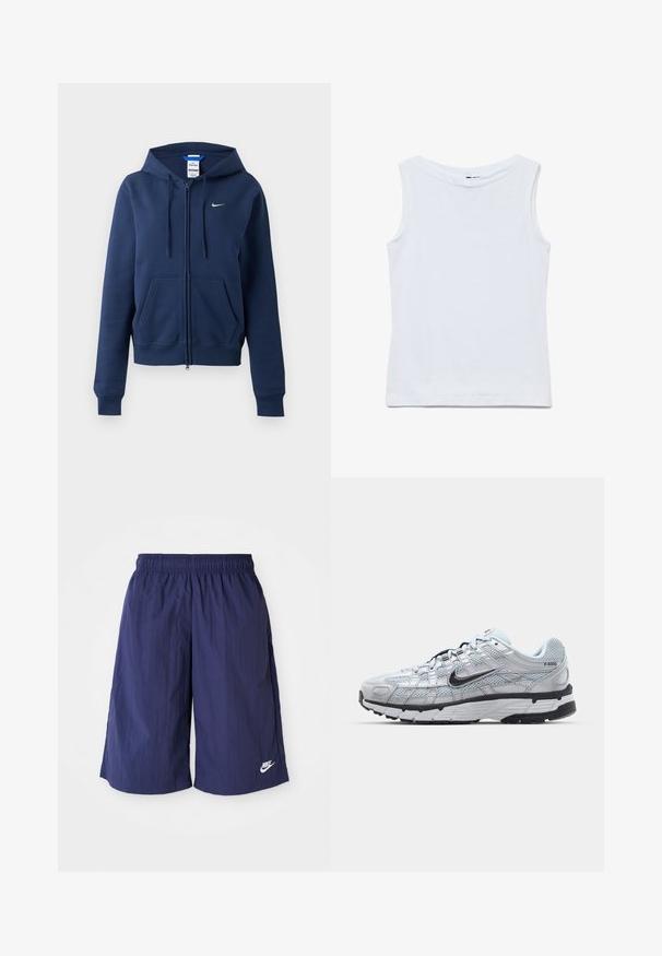Tumesinine lukuga kapuutsiga pusa ees taskute, nööriga kapuuts, soonikkoes mansetid ja väike valge Nike logo vasakul rinnal.; Valge puuvillane varrukateta top lai ümar kaelusega ja sirge äärega, esitatud lamedalt valgel taustal.; Tumedane sinine Nike'i lühikesed püksid elastse vöökohtaga, valmistatud kergest ja siledast kangast, millel on alumises servas väike valge logo.; Nike P-6000 tenniset heleda halli võrgust pealteega, mustade aktsentidega ja vastupidava musta kummist tallaga. Omab keerukat disaini ja paeltesüsteemi.