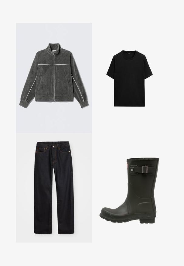 Grijze fleece jas met hoge kraag, ritssluiting aan de voorkant, witte biezen, elastische manchetten en zoom, en twee zijzakken. Zachte textuur en ontspannen pasvorm.; Zwarte, kortebloemige T-shirt van katoen, met een ronde halslijn en een relaxte pasvorm. Geen patronen of accenten zichtbaar.; Heren straight-leg zwarte denim jeans met vijf zakken en oranje stiksels, knoop- en ritssluiting op de voorkant van de tailleband.; Zwarte rubberen regenlaars met een ronde neus, een gespband aan de bovenkant en een geprofileerde buitenzool voor grip.