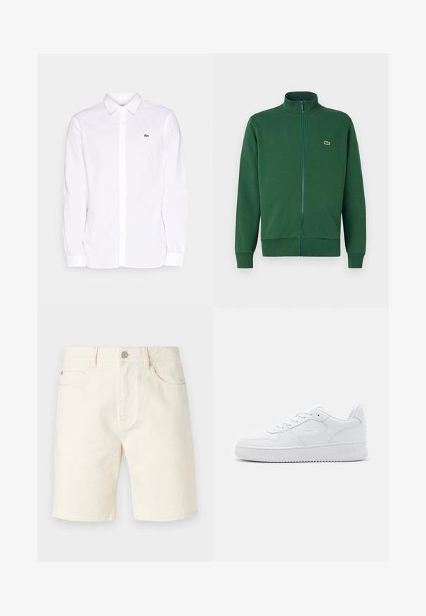 Grüne Reißverschlussjacke aus weichem Stoff, mit hohem Kragen und gerippten Bündchen. Lacoste-Logo auf der linken Brustseite.; Weißes Langarmhemd aus Baumwolle mit Button-Down-Kragen, einem grünen gestickten Logo auf der linken Brust und geraden Manschetten.; Helle beige Jeansshorts mit klassischem Schnitt, ausgestattet mit vorderen Taschen, Gürtelschlaufen und einer Knopfverschluss. Glatte Textur in einfarbiger Ausführung.; Weiße Ledersneaker mit perforiertem Zehenbereich, flachen Schnürsenkeln und gepolstertem Kragen. Verfügt über ein geprägtes Logo an der Seite und eine strukturierte Gummisohle.