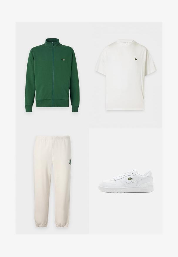 Zelená zipová bunda vyrobená z mäkkej tkaniny, s vysokým golierom a rebrovanými manžetami. Logo Lacoste zobrazené na ľavej strane hrudníka.; Biele tričko s krátkym rukávom a okrúhlym výstrihom s malým zeleným logom krokodíla na ľavej strane hrudníka.; Svetlo béžové tepláky z bavlny s elastickým pásom, rebrovanými manžetami a zeleným logom s dizajnom listu na ľavej nohe.; Biele kožené tenisky s perforovanými detailmi, plochými šnúrkami a malým zeleným logom na bokoch. Gumová podrážka a polstrovaný golier pre pohodlie.