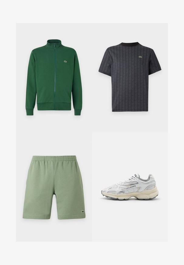 Grønne zip-up jakke lavet af blødt stof, med høj krave og ribbede manchetter. Lacoste-logoet vises på venstre brystområde.; Sort kortærmet t-shirt med et geometrisk mønster og et grønt krokodille-logo, med en ensfarvet sort rund hals.; Grønne bomuldsshorts med elastisk talje, afslappet pasform og et lille broderet logo på nederste venstre side. Glat tekstur, ingen lommer.; Hvide sportssko med grå detaljer, overdel i mesh og syntetiske materialer, snørebåndsdesign og tekstureret gummisål med grebemønstre.