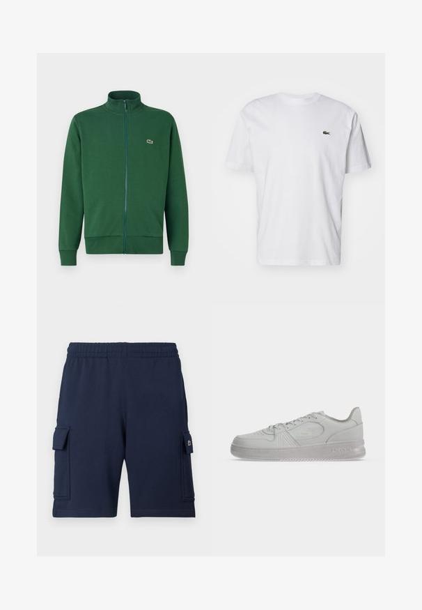 Zelená zipová bunda vyrobená z mäkkej tkaniny, s vysokým golierom a rebrovanými manžetami. Logo Lacoste zobrazené na ľavej strane hrudníka.; Biele bavlnené tričko s okrúhlym výstrihom, krátkymi rukávmi a malým zeleným vyšitým logom na hrudi. Klasický rovný strih.; Námornícky modré cargo šortky vyrobené z mäkkej látky, s elastickým pásom, dvoma bočnými vreckami a malým logom na ľavom vrecku.; Biele nízke tenisky Lacoste so šnúrkami, reliéfne logo na boku a texturovaná podrážka na jednoduchom pozadí.