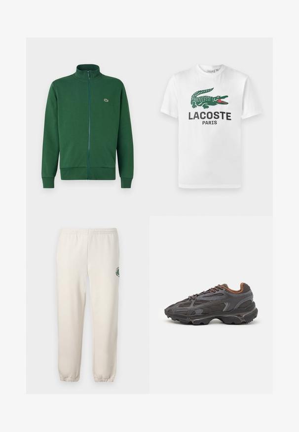 Grønne zip-up jakke lavet af blødt stof, med høj krave og ribbede manchetter. Lacoste-logoet vises på venstre brystområde.; Lacoste T-shirts print - white; Lys beige sweatpants lavet af bomuld, med elastisk talje, ribbede mansjetter og et grønt logo med bladdesign på venstre ben.; Lacoste sneakers i mørkegrå med mesh og syntetisk materiale, udstyret med en tekstureret sål og brune accenter på kraven og brandingen.