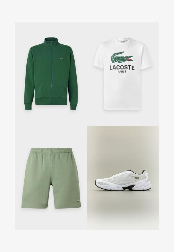 Roheline tõmblukuga jakker, mis on valmistatud pehmest kangast, kõrge krae ja soonikkoes varrukateotsadega. Lacoste logo on nähtav vasakul rindkere piirkonnas.; Lacoste Trükipildiga T-särk - white; Roheline puuvillane lühike püksid elastse vöökohtaga, mugav lõige ja väike broderi logo alumisel vasakul poolel. Sile tekstuur, taskuteta.; Valge sportlik king, millel on tekstureeritud võrgu pealisosa, kaardus disain ja kontrastne must tall. Külje peal on roheline tikandiga logo.