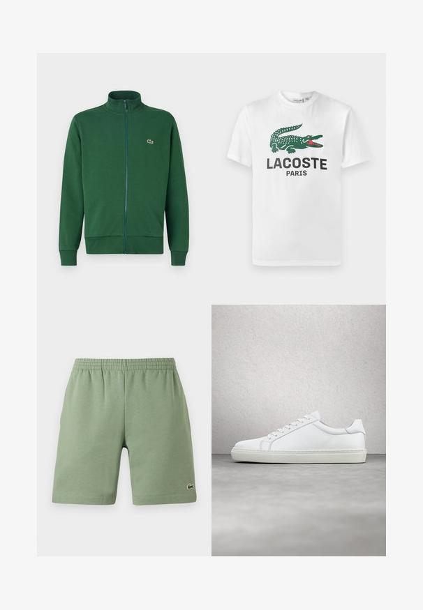 Roheline tõmblukuga jakker, mis on valmistatud pehmest kangast, kõrge krae ja soonikkoes varrukateotsadega. Lacoste logo on nähtav vasakul rindkere piirkonnas.; Lacoste Trükipildiga T-särk - white; Roheline puuvillane lühike püksid elastse vöökohtaga, mugav lõige ja väike broderi logo alumisel vasakul poolel. Sile tekstuur, taskuteta.; Valge tennisetoss, millel on sile nahk pealis ja madal profiil. Omab ümarat ninaosa, kuut silmust ja tekstuuriga kummist talda.
