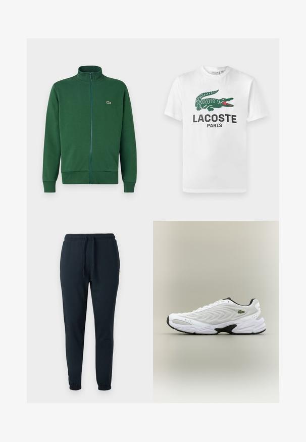 Grønne zip-up jakke lavet af blødt stof, med høj krave og ribbede manchetter. Lacoste-logoet vises på venstre brystområde.; Lacoste T-shirts print - white; Mørkeblå joggingbukser lavet af bomuldsblanding, med elastisk taljebånd med snøre og manchetter ved anklerne. Lille gul logo detalje.; Hvide atletiske sko med tekstureret mesh-overdel, buet design og kontrasterende sort ydersål. Har en grøn broderet logo på siden.
