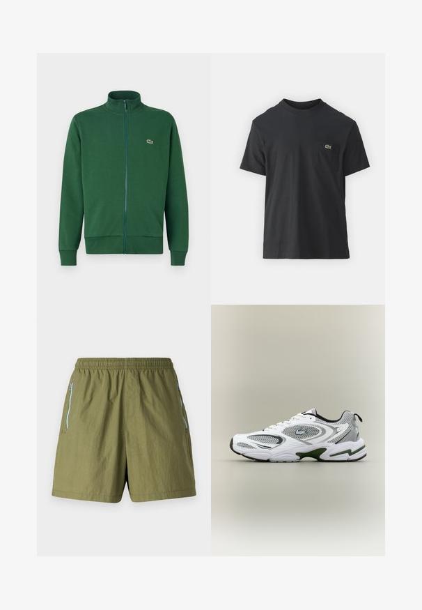 Roheline tõmblukuga jakker, mis on valmistatud pehmest kangast, kõrge krae ja soonikkoes varrukateotsadega. Lacoste logo on nähtav vasakul rindkere piirkonnas.; Must musta T-särk lühikeste varrukatega, ümmarguse kaelusega ja väikese rohelise logoga vasakus rinnataskus. Lihtne disain, regulaarne lõige.; Olivroheline lühikesed püksid elastse vöökohtaga, külgmised tõmbluku taskud ja kerge, tekstureeritud kangas.; Valge ja hall sportlik jooksujalats, millel on võrgupaneelid, rohelised aktsendid, mustad detailid ja küljes logo, nähtuna välisküljelt.