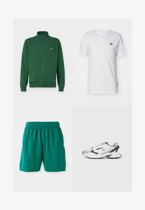 Chaqueta verde con cremallera hecha de tela suave, que presenta un cuello alto y puños acanalados. Logo de Lacoste en la parte izquierda del pecho.; Camiseta sencilla blanca de manga corta con un pequeño logo semicircular rojo y naranja en la parte superior izquierda del pecho.; Bermudas de algodón verdes con cintura elástica, bolsillos laterales y dobladillo cosido. Textura suave con un ajuste relajado y casual.; Zapatilla deportiva blanca con acentos en plata y negro, parte superior de malla, suela texturizada y un diseño aerodinámico que presenta un logotipo en el lateral.