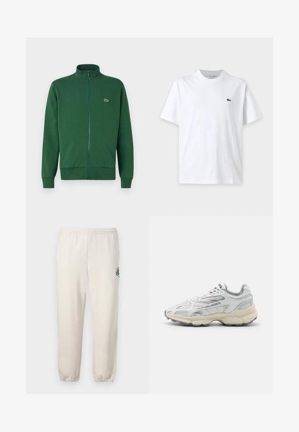 Grønne zip-up jakke lavet af blødt stof, med høj krave og ribbede manchetter. Lacoste-logoet vises på venstre brystområde.; Simpel hvid t-shirt med korte ærmer, rund hals og lille grønt krokodillelogo på venstre bryst.; Lys beige sweatpants lavet af bomuld, med elastisk talje, ribbede mansjetter og et grønt logo med bladdesign på venstre ben.; Hvide sportssko med grå detaljer, overdel i mesh og syntetiske materialer, snørebåndsdesign og tekstureret gummisål med grebemønstre.