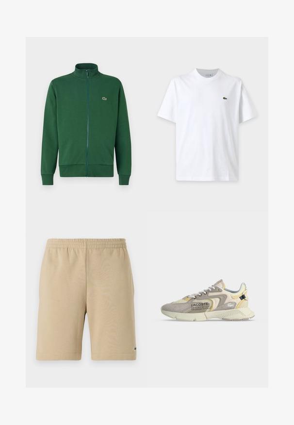 Grüne Reißverschlussjacke aus weichem Stoff, mit hohem Kragen und gerippten Bündchen. Lacoste-Logo auf der linken Brustseite.; Schlichtes weißes T-Shirt mit kurzen Ärmeln, Rundhalsausschnitt und kleinem grünem Krokodil-Logo auf der linken Brust.; Beige Baumwollshorts mit einem elastischen Bund, knielangem Design und einem kleinen Logodetail auf der linken Seite. Glatte Textur und einfacher Schnitt.; Beiger und cremefarbener Lacoste-Sneaker mit Mesh- und Wildlederüberzügen, weißen Schnürsenkeln und Markenaufdruck an der Seite, von der Außenseite gezeigt.
