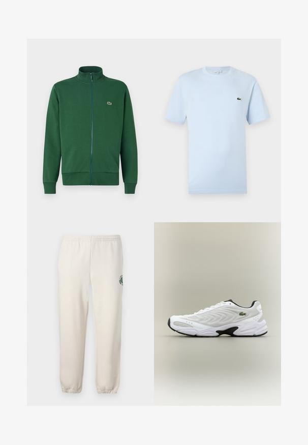 Zelená zipová bunda vyrobená z mäkkej tkaniny, s vysokým golierom a rebrovanými manžetami. Logo Lacoste zobrazené na ľavej strane hrudníka.; Svetlomodré tričko s krátkym rukávom vyrobené z jemnej bavlnenej látky. Na hrudi sa nachádza malý zelený výšivkový logo krokodíla.; Svetlo béžové tepláky z bavlny s elastickým pásom, rebrovanými manžetami a zeleným logom s dizajnom listu na ľavej nohe.; Biele atletické tenisky s textúrovaným sieťovinovým zvrškom, zakriveným dizajnom a kontrastnou čiernou podrážkou. S greennou vyšívanou nášivkou na boku.