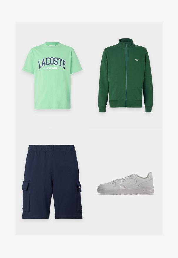 Zelená zipová bunda vyrobená z mäkkej tkaniny, s vysokým golierom a rebrovanými manžetami. Logo Lacoste zobrazené na ľavej strane hrudníka.; Zelené bavlnené tričko s okrúhlym výstrihom. Na hrudi sa nachádza odvážny námornícky nápis "LACOSTE" a "SPORTSWEAR". Krátke rukávy.; Námornícky modré cargo šortky vyrobené z mäkkej látky, s elastickým pásom, dvoma bočnými vreckami a malým logom na ľavom vrecku.; Biele nízke tenisky Lacoste so šnúrkami, reliéfne logo na boku a texturovaná podrážka na jednoduchom pozadí.