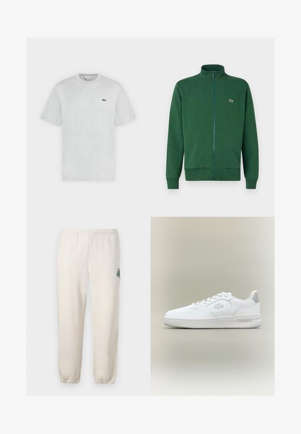 Grønne zip-up jakke lavet af blødt stof, med høj krave og ribbede manchetter. Lacoste-logoet vises på venstre brystområde.; Lysegrå t-shirt med korte ærmer og rund hals med lille grønt Lacoste krokodillelogo på venstre bryst.; Lys beige sweatpants lavet af bomuld, med elastisk talje, ribbede mansjetter og et grønt logo med bladdesign på venstre ben.; Hvide lædersneakers med en glat finish, rund tå, flade snørebånd og diskrete grå detaljer. Har præget logo og tekstureret sål.