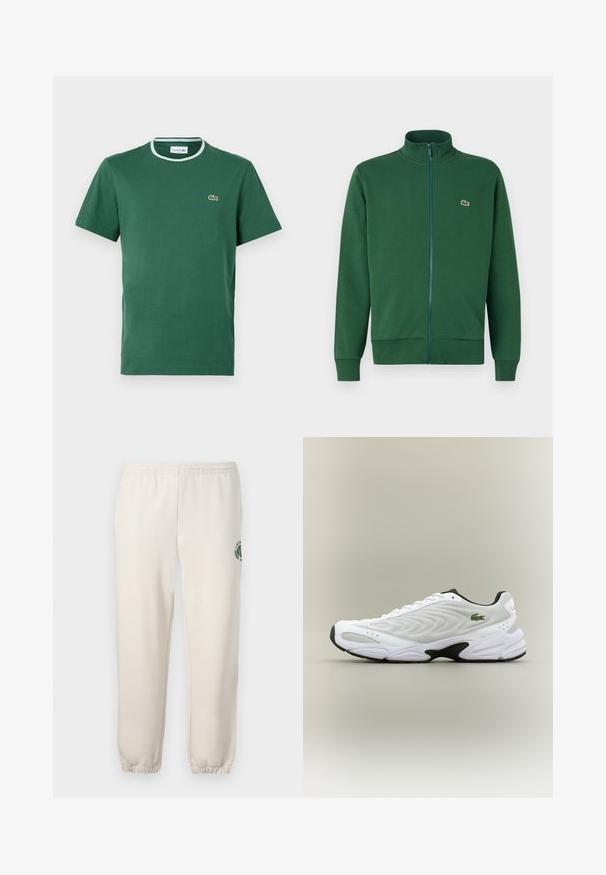 Chaqueta verde con cremallera hecha de tela suave, que presenta un cuello alto y puños acanalados. Logo de Lacoste en la parte izquierda del pecho.; Camiseta de cuello redondo verde de algodón, de manga corta, con un cuello acanalado en blanco y verde en contraste y un pequeño logo bordado.; Pantalones de chándal de color beige claro, hechos de algodón, con una cinturilla elástica, puños acanalados y un logo verde con diseño de hoja en la pierna izquierda.; Zapatilla deportiva blanca con parte superior de malla texturizada, diseño curvado y suela exterior negra en contraste. Presenta un logo verde bordado en el lateral.