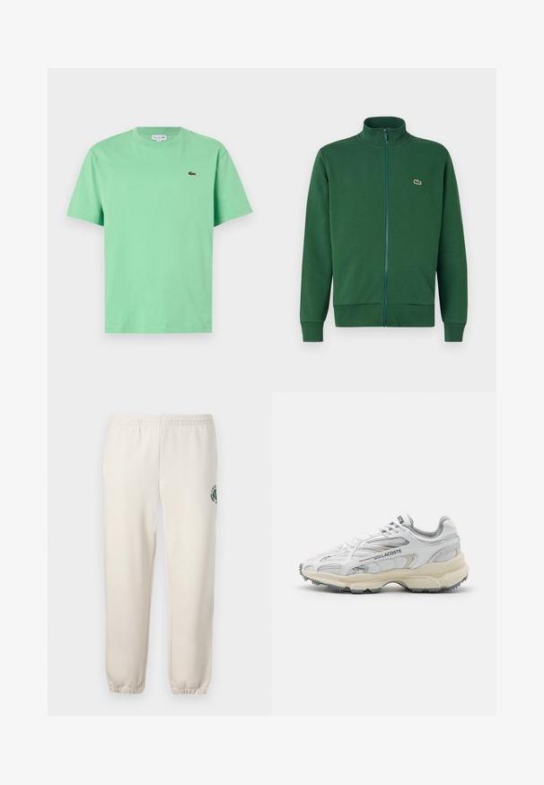 Chaqueta verde con cremallera hecha de tela suave, que presenta un cuello alto y puños acanalados. Logo de Lacoste en la parte izquierda del pecho.; Camiseta de algodón verde menta con cuello redondo, mangas cortas y un pequeño logotipo bordado en el lado izquierdo del pecho.; Pantalones de chándal de color beige claro, hechos de algodón, con una cinturilla elástica, puños acanalados y un logo verde con diseño de hoja en la pierna izquierda.; Zapatillas deportivas blancas con detalles en gris, parte superior de malla y sintético, diseño de cordones, y suela de goma texturizada con patrones de tracción.