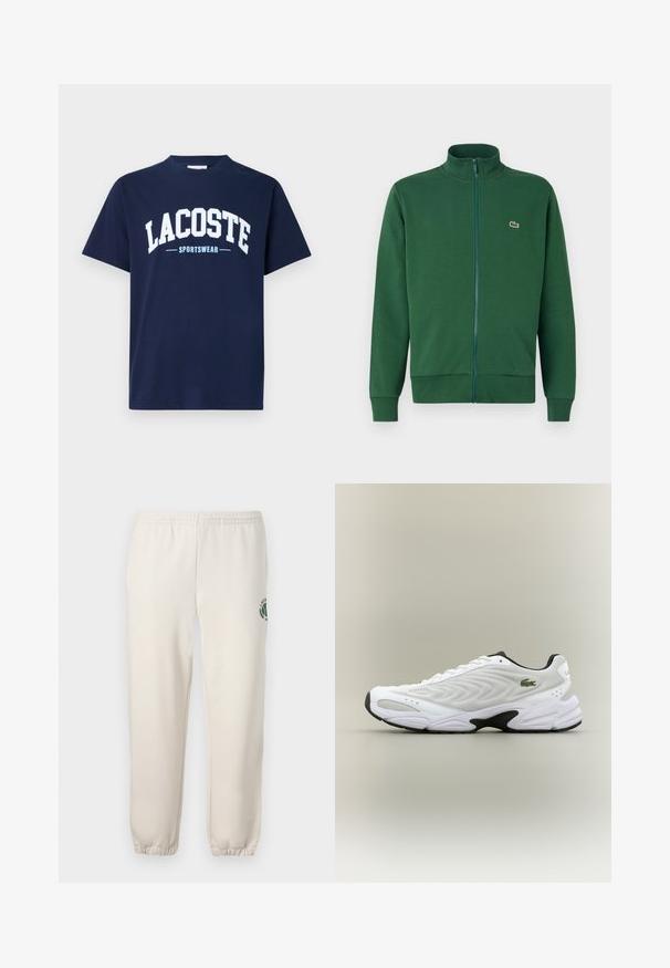 Roheline tõmblukuga jakker, mis on valmistatud pehmest kangast, kõrge krae ja soonikkoes varrukateotsadega. Lacoste logo on nähtav vasakul rindkere piirkonnas.; Tumedast sinisest puuvillast T-särk ümmarguse kaelusega ja lühikeste varrukatega. Esiküljel on suur valge "LACOSTE" tekst ja allpool helesinine "SPORTSWEAR".; Heledadbežased püksid, mis on valmistatud puuvillast, varustatud elastse vöökohtaga, soonikute lõpetustega ja vasakul jalal on roheline logo lehe kujundusega.; Valge sportlik king, millel on tekstureeritud võrgu pealisosa, kaardus disain ja kontrastne must tall. Külje peal on roheline tikandiga logo.