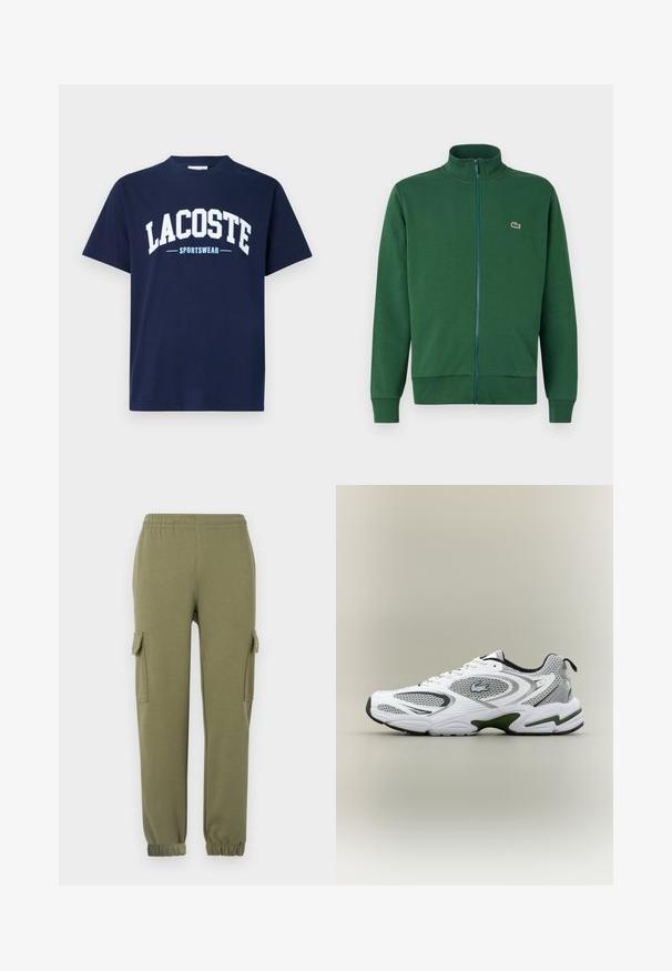 Roheline tõmblukuga jakker, mis on valmistatud pehmest kangast, kõrge krae ja soonikkoes varrukateotsadega. Lacoste logo on nähtav vasakul rindkere piirkonnas.; Tumedast sinisest puuvillast T-särk ümmarguse kaelusega ja lühikeste varrukatega. Esiküljel on suur valge "LACOSTE" tekst ja allpool helesinine "SPORTSWEAR".; Olive roheline kerge kangaga cargo püksid, mis on varustatud küljetaskutega, elastse taljega ja kitsenevate sääreotstega, et pakkuda mugavat istuvust.; Valge ja hall sportlik jooksujalats, millel on võrgupaneelid, rohelised aktsendid, mustad detailid ja küljes logo, nähtuna välisküljelt.